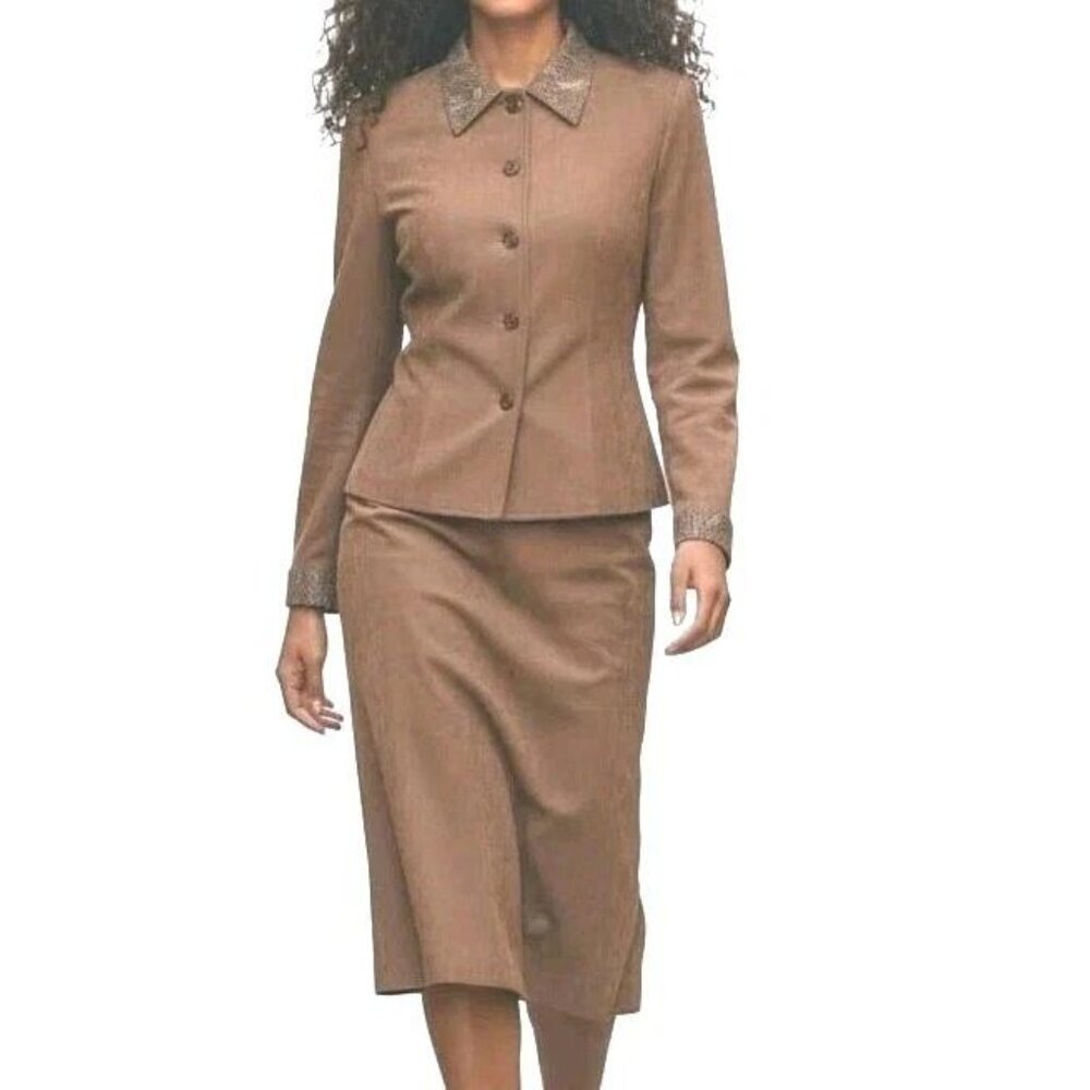 Jessica Howard Faux Suede Midi Dress Suit Size 10 Split Open Back Taupe Brown
